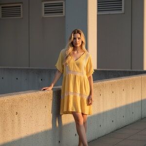 Yellow V-Neck Dress with Lace Details